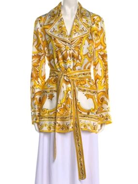 Dolce & Gabbana 100% Silk MAJOLICA PRINT Yellow/White Top & Belt US6/IT42 NWOT